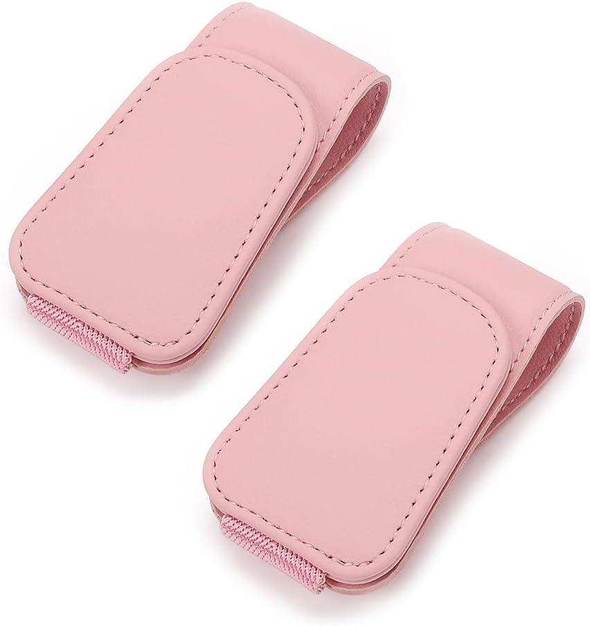 2Pcs Sunglass Holder for Car, Magnetic Leather Eyeglass Hanger Clip for Car Sun Visor, Sunglasses Holder and Ticket Card Clip for Car Visor Accessories (Pink)