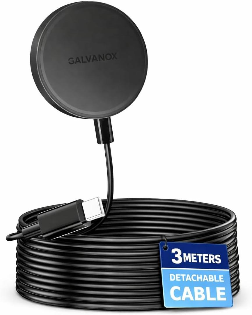 Galvanox Long Wireless Charger, Compatible with MagSafe (10 Foot Cable) Magnetic 15W Fast Charging Pad for iPhone with Flexible, Removable Cord (Black)