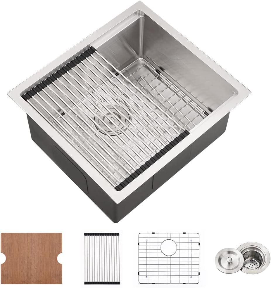 21x17 Inch Undermount Bar Sink - 16 Gauge Stainless Steel Single Bowl Workstation Prep Sink with Cutting Board