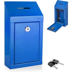 Metal Donation Box-Suggestion Box with Slot and lock-Cash Lock box for Money-Secure Drop Box-Comment and ballot voting box-comes with pre-drilled holes for easy wall mounting 10 X 6 X 2.5"(Blue)