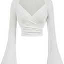 Floerns Women's Wrap Sweetheart Neck Bell Sleeve T Shirts Ruched Rib Knit Crop Tops (Large)