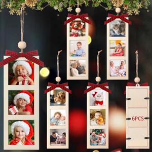Bucherry 6 Pcs Christmas Picture Frame Ornament Craft Wooden Photo Strip Personalized Mini Buffalo Plaid Hanging Ornament for DIY Keepsake Xmas Tree Stocking Decorations Holiday Party(Natural Wood)