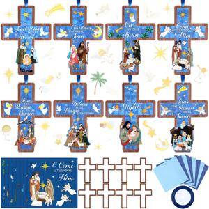 48 Pcs Winter Nativity Cross Suncatchers Craft Kits Religious Christian Winter Crafts Jesus Nativity Stained Glass Tissue Paper Craft Kit for Window Art Activities Decoration