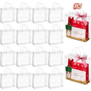 Jutieuo 20 Pack Clear Plastic Gift Bags with Handles, 9.8" x 9.8" x 3.5" Reusable Transparent Party Favor Bags PVC Goodie Bags Bulk for Wedding, Baby Shower, Birthday