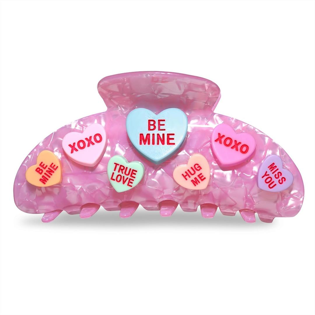 Valentines Day Hair Claw Clips for Women, Large Conversation Heart Hair Clips Nonslip Pink Love XOXO Hair Claws Valentines Day Accessories Outfits Party Favor Gifts