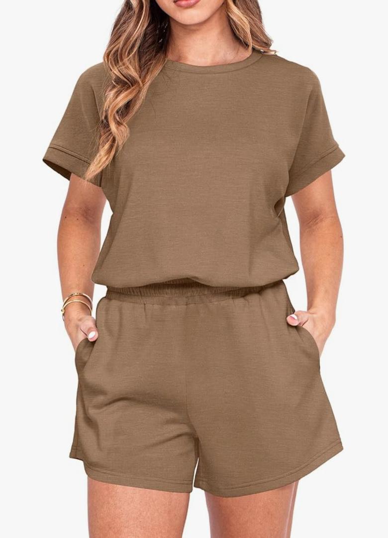 IWOLLENCE Womens 2 Piece Sets Summer Lounge Set Casual Short Sleeve Round Neck Tops and Elastic Waist Short Outfits Tracksuit 2XL