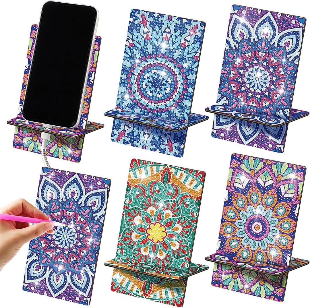 Saillong 4 Pcs Large Mandala Diamond Painting Cell Phone Stand 5.5 Inch DIY Full Drill Crystal Diamond Art Phone Holder Bling Painting Art Craft Kits for Beginner Adult
