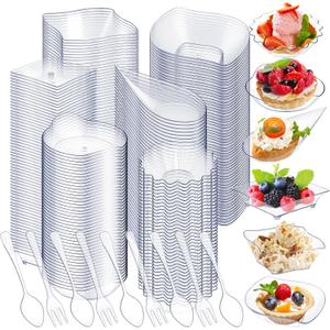 Tessco 1200 Pcs Mini Appetizer Plates Set Including 600 Pcs 6 Shapes Disposable Mini Dessert Cups 300 Spoons 300 Forks for Party Wedding Pudding Ice Cream(Clear)
