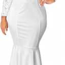 Lace Fishtail Dress for Women Mesh Long Sleeve Round Neck Bodycon Midi Dress Sexy Hollow Cocktail Party Wedding Slim Fitted Outfits (White, M)