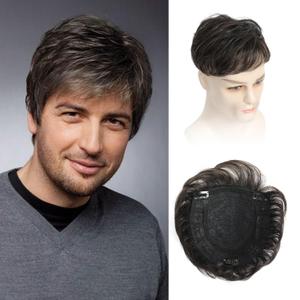 Ms Taj Toupee Hair for Men 6"*6.5" Clip in Male Hairpieces Dark Brown with Strands White Hair Reaplcement Synthetic Short Hair Topper for Men