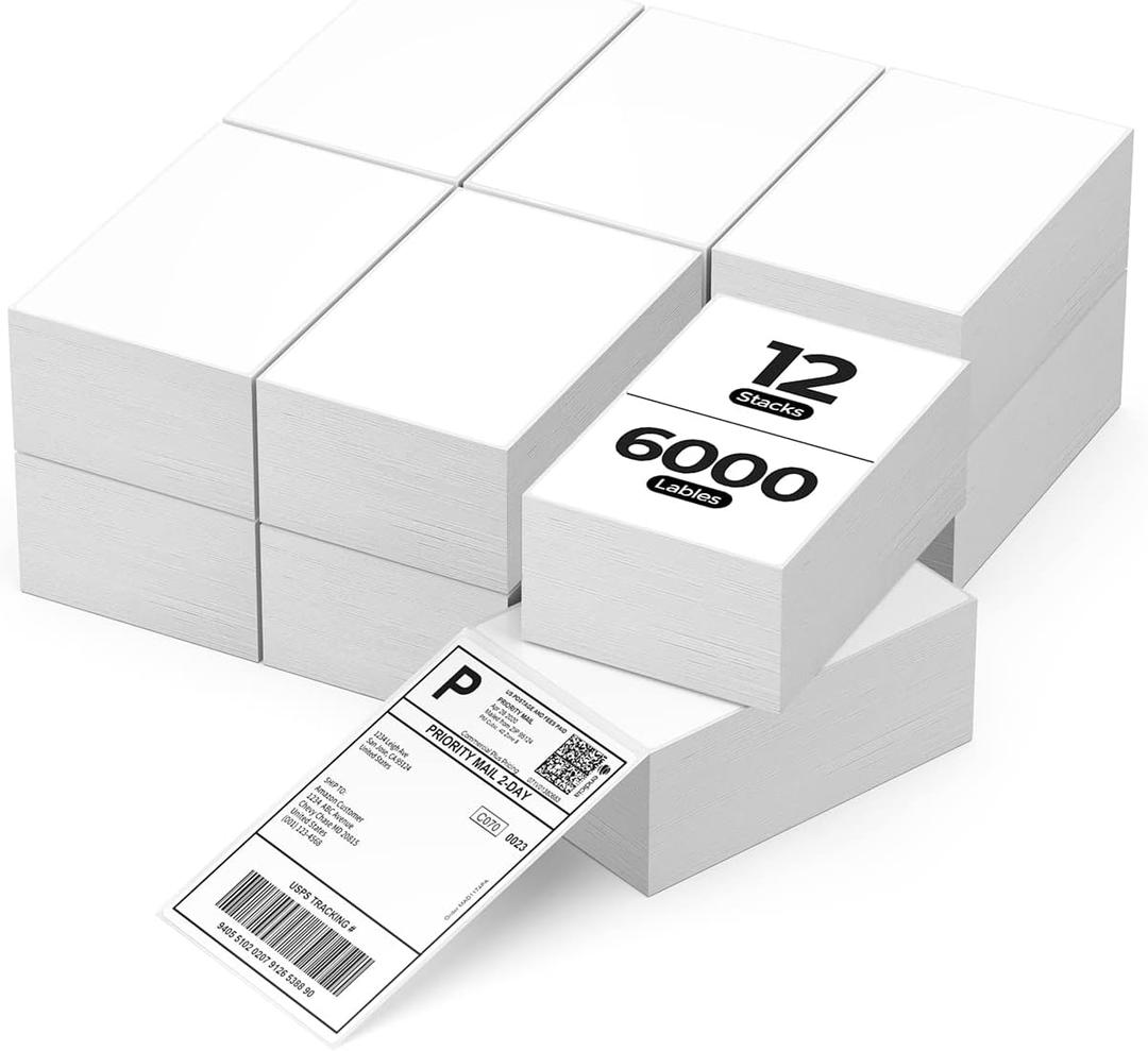 MUNBYN 4x6 Inch Direct Thermal Labels, 6000 Labels/12 Stacks(500 Pcs per Stack), Fanfold Shipping Label Paper for Thermal Printers, Permanent Adhesive Mailing Postage Labels for Shipping Packages (White)
