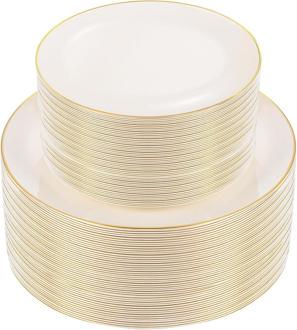 PULOTE 100PCS Ivory Plastic Plates - Cream Plastic Disposable Heavy Duty for Party & Wedding - Include 50 Each (Dinner & Dessert) Plates
