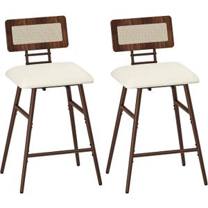 HOOBRO Bar Stools, Set of 2 Barstools, Bar Chairs with Footrests, Rattan Bar Stools, Bar Chairs with Backrests, for Dining Room, Kitchen, and Offices, Walnut and Beige HE42BYP201
