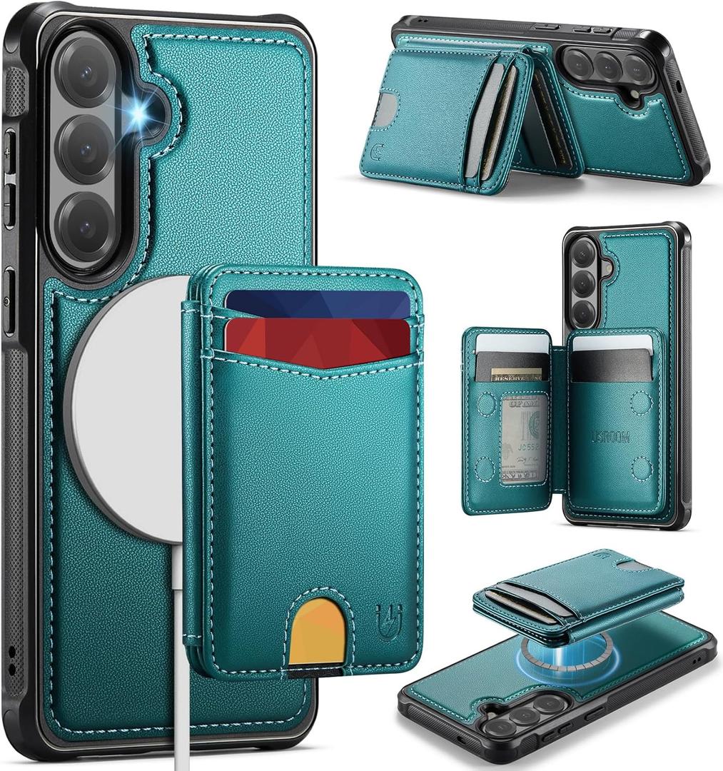 For Samsung Galaxy S26 Case Wallet Compatible with Magsafe, RFID Blocking Magnetic Card Holder 2 in 1 Detachable Kickstand Shockproof Phone Case for Galaxy S26 6.3" Bluish Green