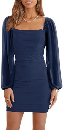 Ofenbuy Women's Mesh Long Sleeve Dress Square Neck Ruched Mini Bodycon Dress Stretch Party Cocktail Dresses XS
