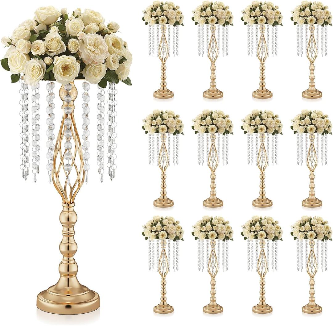 12 Pcs 21.7 Inch Tall Gold Centerpieces For Table Wedding-Metal Flower Gold Vases For Centerpieces For Wedding Reception With Crystal Fringe-Flower Stand For Wedding, Birthday(Centros De Mesa)