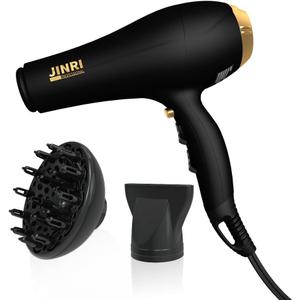 JINRI Hair Dryer,2000W,Ionic Technology & Infrared - Black, 3 Heat & 2 Speed, Detachable Air Intake, with Diffuser, with Concentrator, Hanging Strap, Non-Foldable