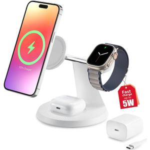 3 in 1 Wireless Charging Station for Apple Device: Fast Charging Station for iPhone and Watch with MagSafe, Stable Charger Stand for iPhone 12-16 & iWatch & AirPods (White)