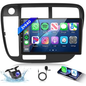 Hodozzy 4Core 64G Car Stereo for Honda Civic 1996-2001 with Wireless Carplay Android Auto, 9-Inch Touch Screen with GPS/WiFi/Bluetooth, FM RDS, Mirror Link, Backup Camera 2 din Radio for Honda