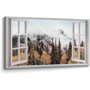 Foggy Forest Wall Art Canvas: Window View Pine Tree Nature Landscape Picture Print Decor Horizontal Misty Mountain Painting Large Woodland Scenic Artwork for Bedroom Living Room Home Office (40"L x 20"W)