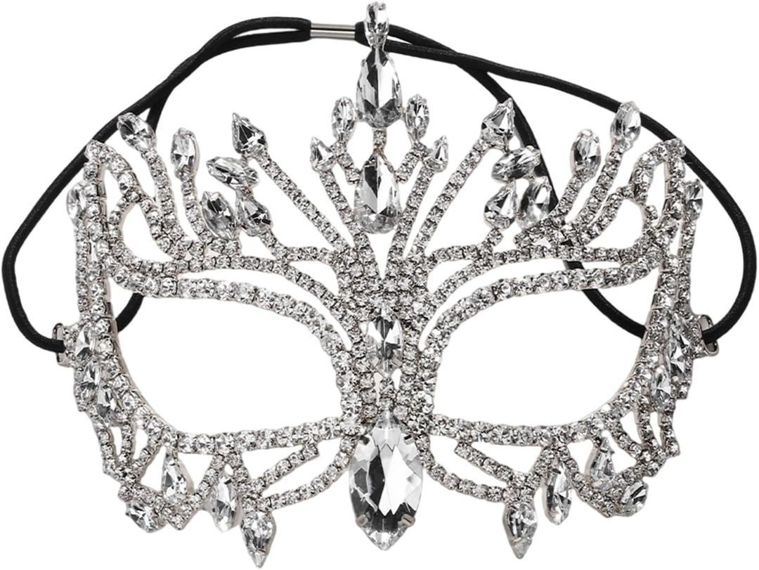 Ldabrye Rhinestones Masquerade Half Face Halloween Costume Accessories for Men Women Masquerade Halloween Cosplay (Silver)