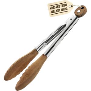 Boxiki Kitchen 9 Inch Tongs for Cooking with Wooden Tips - Nonstick Kitchen Tongs for Serving Food, Grilling, Cooking, BBQ and Tossing Salad - Made of Natural Walnut Wood