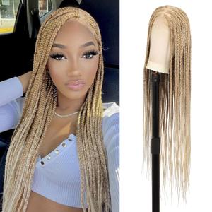 360 HD Full Lace Knotless Braided Wigs for Women Box Braid Wig with Baby Hair Braided Lace Front Wigs Human Hair Blended Braids Wig Long Blonde 36" (HD Full Lace Box Braids-36'')