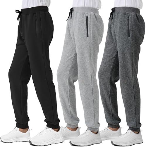 Kids Boys Sweatpants Pants Fleece 3 Pack Athletic Joggers Sweat Pant with Zipper Pocket Fall Winter Clothes Size 10-12 Black/ Grey/ Dark Grey
