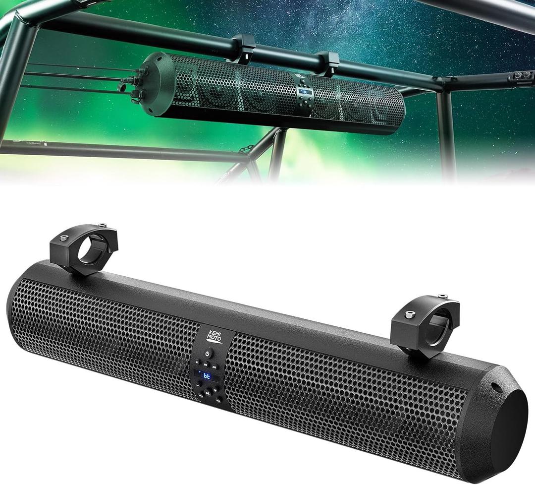 KEMIMOTO UTV Sound Bar 28 Inch ATV Soundbar 4X Subwoofers 2X Tweeters Bluetooth Golf Cart Sound Bar Compatible with Polaris RZR Can-Am Defender X3 CFMOTO ZFORCE, for 1.56"- 2.25" Roll Cage (Black)