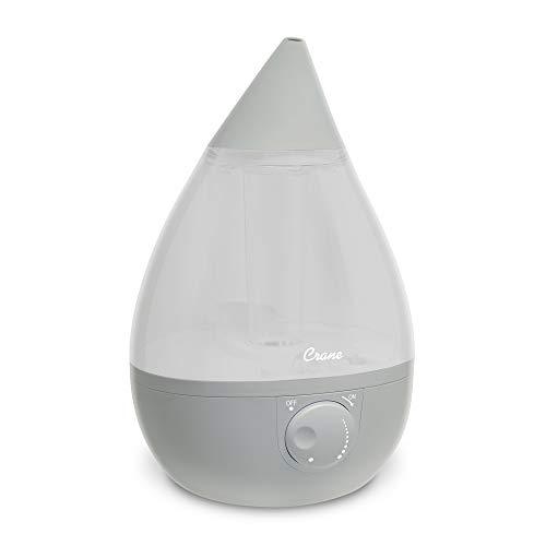Crane Ultrasonic Teardrop Cool Mist Humidifier, Large 1 Gal Tank, Automatic Shut-Off, Baby Humidifiers for Nursery and Bedroom, Grey