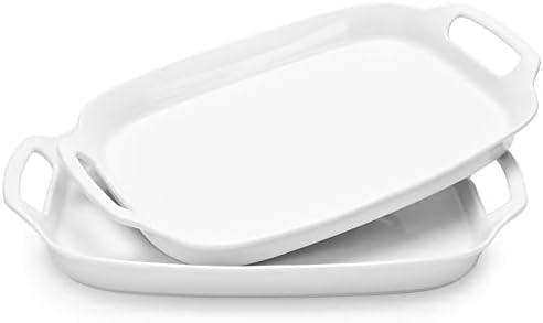 DOWAN Serving Tray with Handles, 15.4" Large Platters for Wedding Decor, Porcelain Serving Dish for Entertaining, White Plates for Salad Meat Fruit Dessert, Set of 2