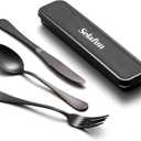 4-pieces Travel Set with Case Portable Silverware Utensils Set for work, Stainless Steel Reusable Flatware Set Cutlery Set for Camping Picnic Hiking Office (8inch, Matte Black)