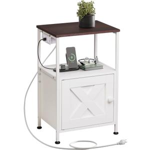 WLIVE Farmhouse Nightstand with Charging Station, Small End Table, White Night Stand with Barn Door and Storage, Small Cabinet, Bedside Table Side Tables for Living Room, Bedroom (Espresso)