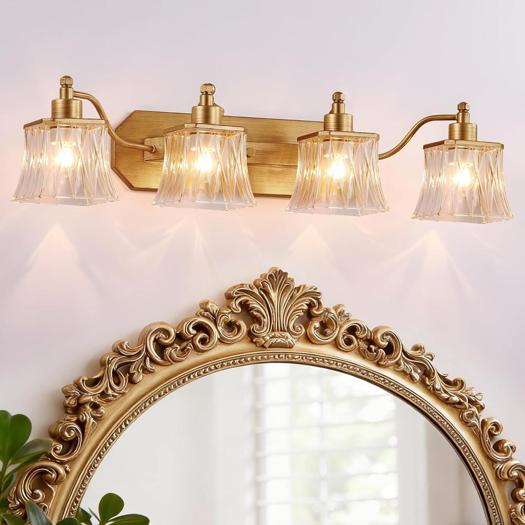 Gold Bathroom Light Fixtures, 4-Light Bathroom Vanity Light with Crystal Glass Shade, Matte Antique Gold Finish Vintage Vanity Light, Brushed Gold Vanity Lights for Bathroom, Bedroom, Hallway