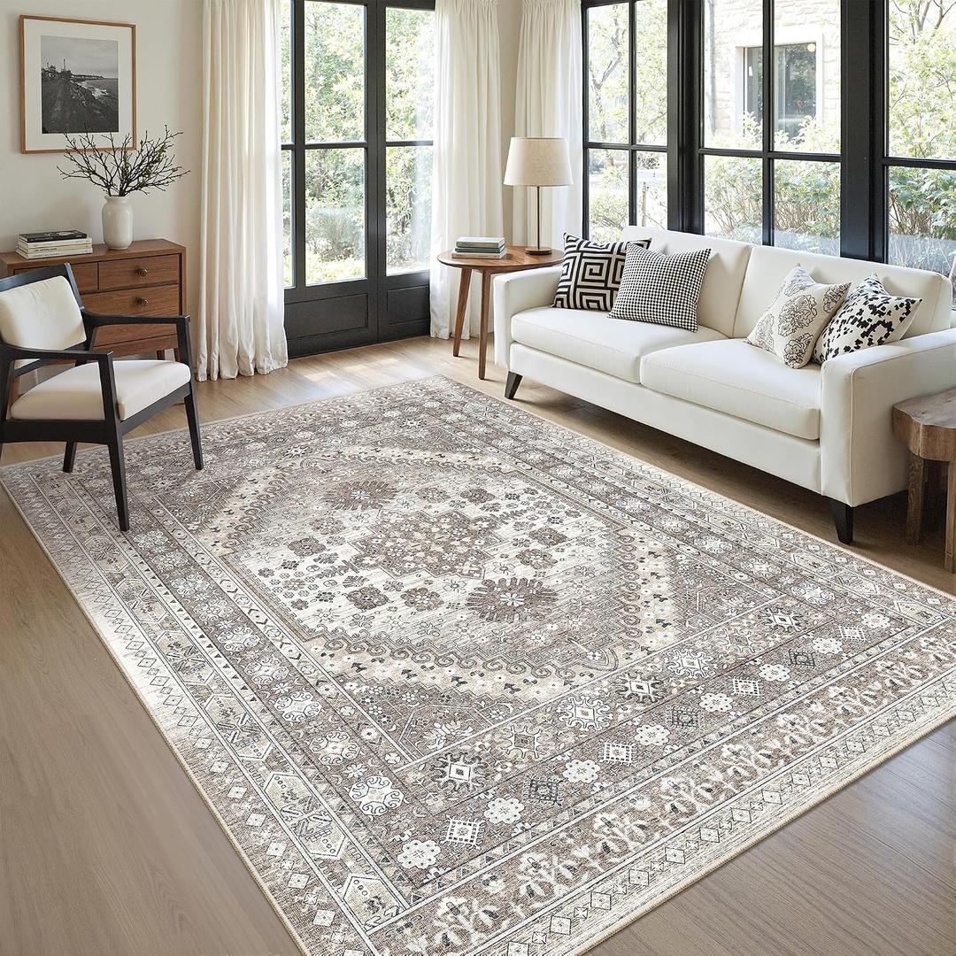 zesthome 5x8 Area Rugs - Ultra-Thin Washble Rug, Stain Resistant Anti Slip Backing Rugs for Living Room,Bedroom, Vintage Home Decor Area Rug (Brown/Beige,5'x8')