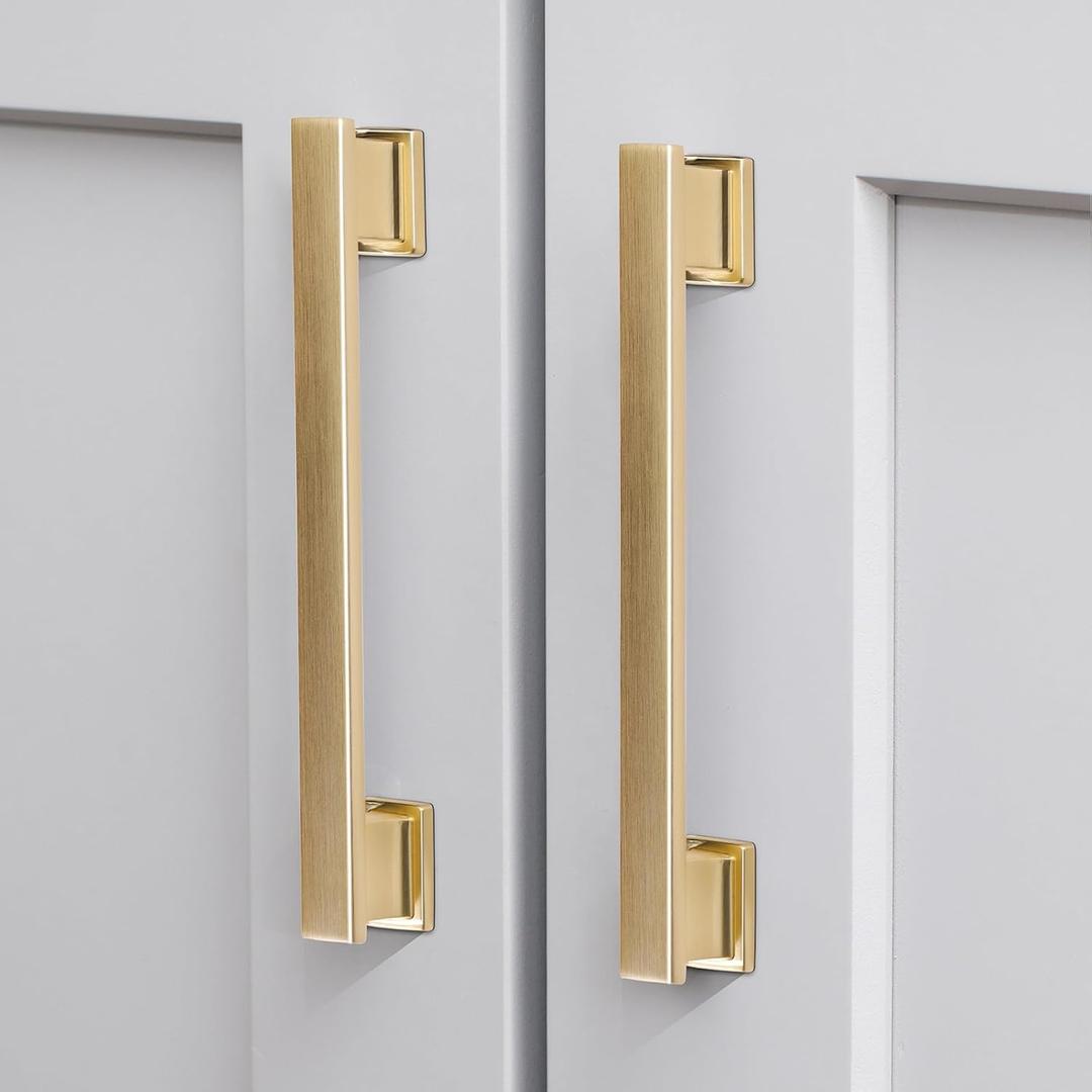 VEHCIL 10 Pack Square Brushed Gold Cabinet Pulls, 7 Inch(178mm) Hole Centers Gold Cabinet Handles Hardware for Kitchen Cupboard Closet Bathroom Dresser Drawer, Solid Zinc Alloy