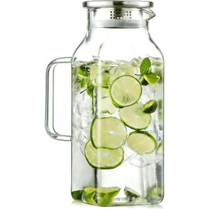 1 Pack 2 Liters/68 oz Square Glass Pitcher with Lid and Handle, Glass Carafe for Hot/Cold Water, Large Iced Tea Pitcher for Coffee, Juice