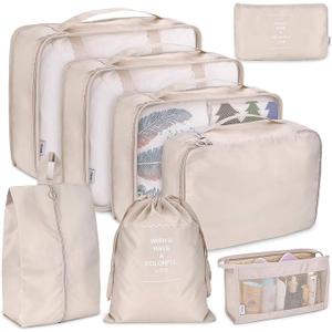 Wish U Have a Colourful Life Travel Packing Cubes, Set of 7 with Pouches, Beige