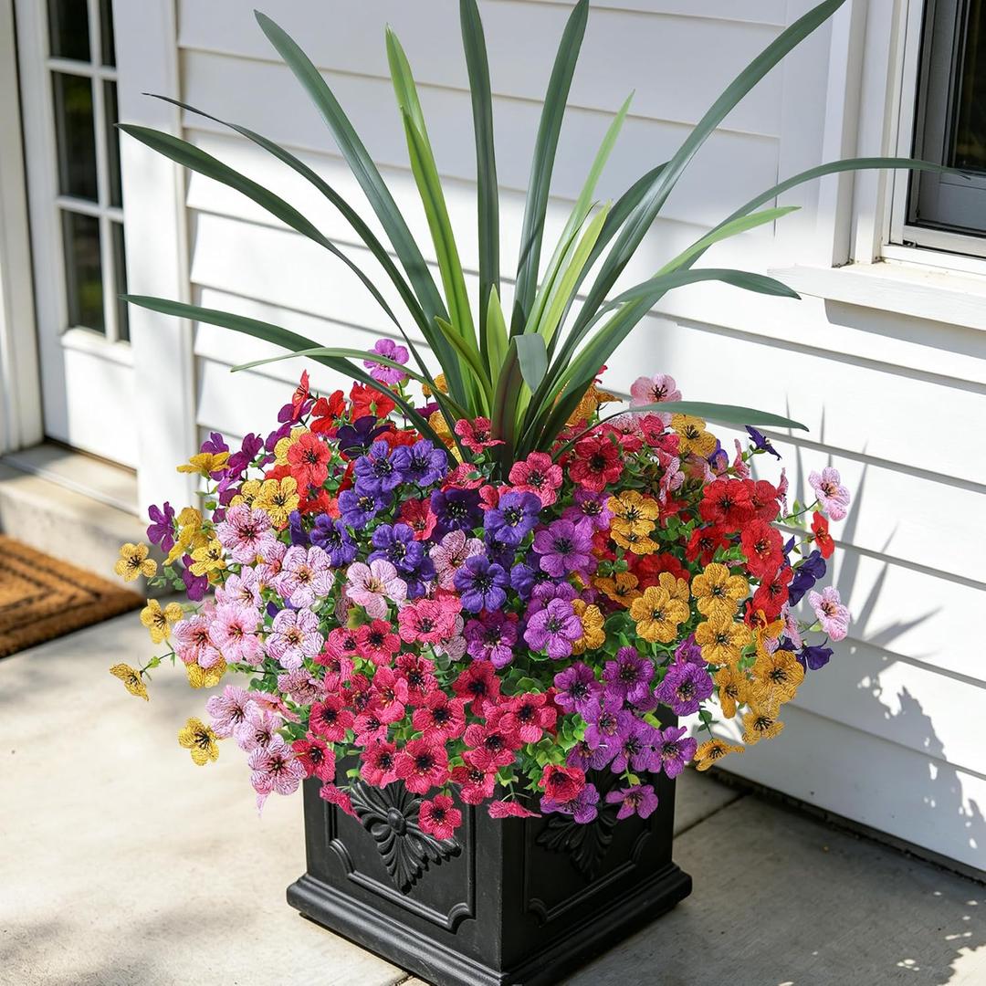 INSPRING Artificial Flowers for Outdoors, UV Resistant 12 Bundles Silk Flower Daisy with Eucalyptus + Orchid Leaf, Realistic Faux Outdoor Flowers for Porch Planter Garden Patio Boxwood (6 Multicolor)