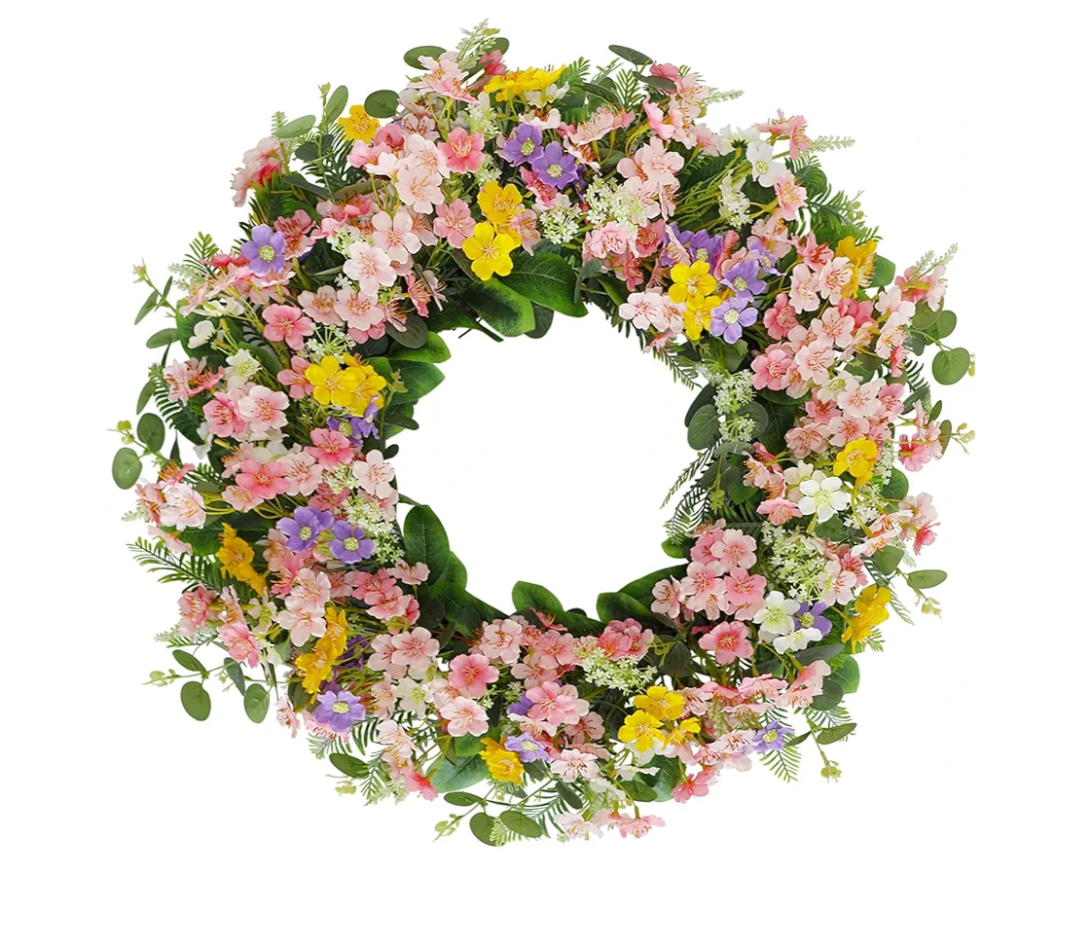 Faux Silk Cherry Blossom Flower Spring Summer Easter Wreath 24-26" for Front Door – Pink Purple Yellow Plum Blossom Green Eucalyptus Leaves – Farmhouse Front Porch Decor, Outdoor Indoor Use
