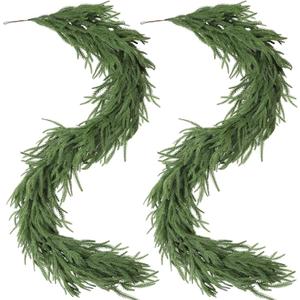 2Pcs 6FT Christmas Norfolk Pine Garlands Decoration, 120 Branches Real Touch Artificial Faux Green Pines Winter Garland for Fireplace Table Mantle Stairs Xmas Holiday Indoor Outdoor Decor