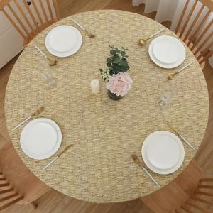 Round Vinyl Fitted Tablecloth with Flannel Backing Elastic Table Cloth Waterproof Oil-Proof Plastic Cover, Weave 