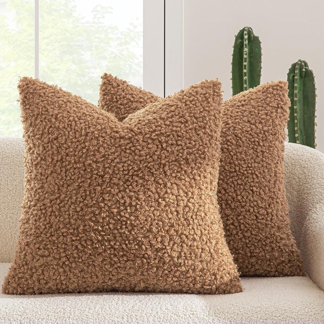 MIULEE Pack of 2 Throw Pillow Covers 18x18 Inch Brown Faux Fur Decorative Sherpa Pillow Covers Fuzzy Accent Soft Sheepskin Fleece Cushion Cases for Boho Home Decor Couch Living Room Bed