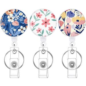 BESARME 3 Pack Badge Reels Retractable Badge Clip with Key Ring Retractable Badge Holders for Office Worker Teacher Nurse StudentFlower