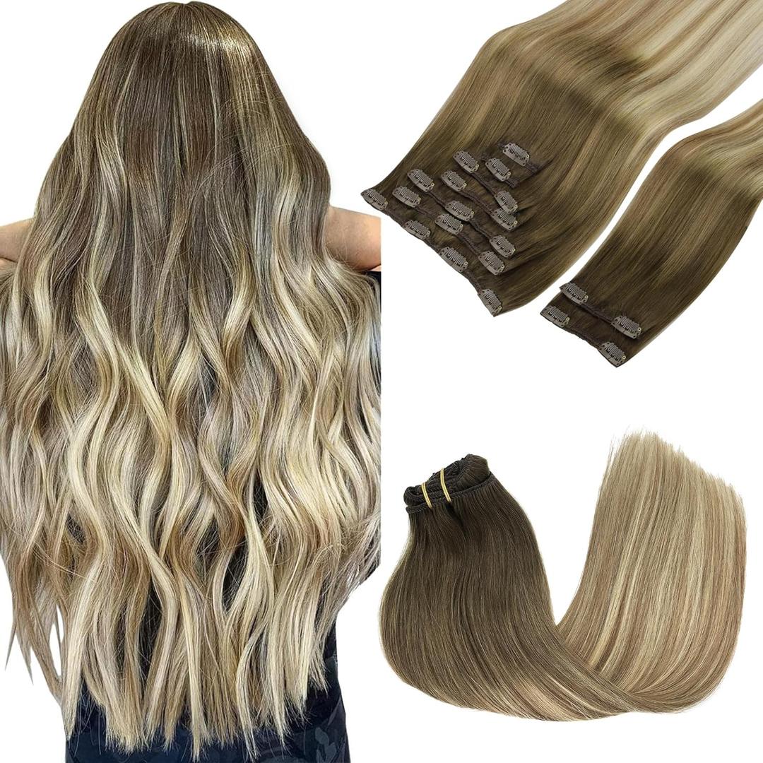 GOO GOO Clip in Hair Extensions Real Human Hair, Remy Human Hair Extensions Clip ins for Women, Natural Human Hair, 20inch 150g 9Pcs, 3/8/613 Balayage Walnut Brown to Ash Brown and Bleach Blonde