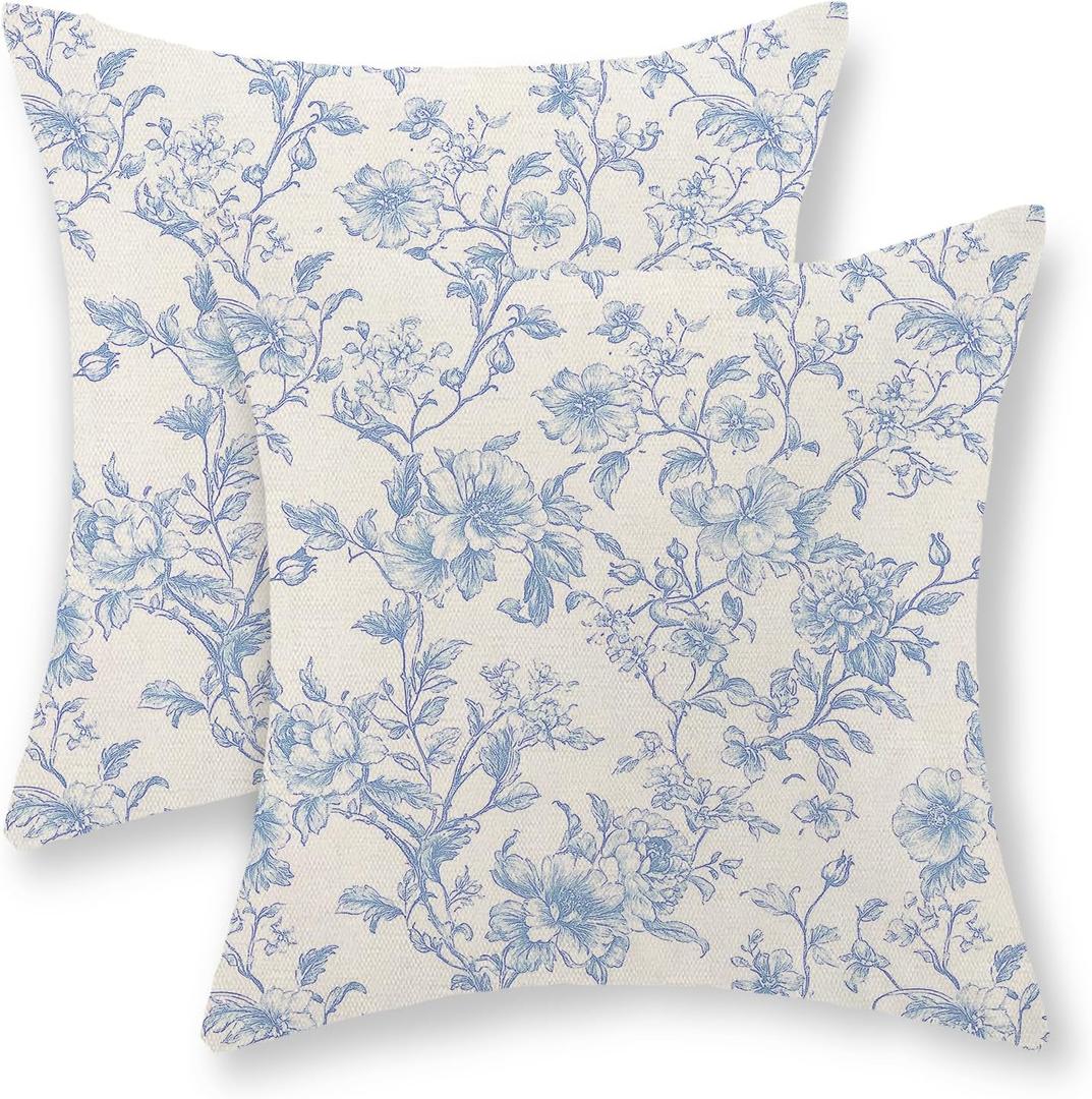 Baby Blue Pillow Covers 18x18 Set of 2 Blue and Cream Floral Chinoiserie Throw Pillows Vintage Rustic Toile Flower Decorative Pillowcase Outdoor Chinoiserie Decor Cushion Case for Couch Sofa