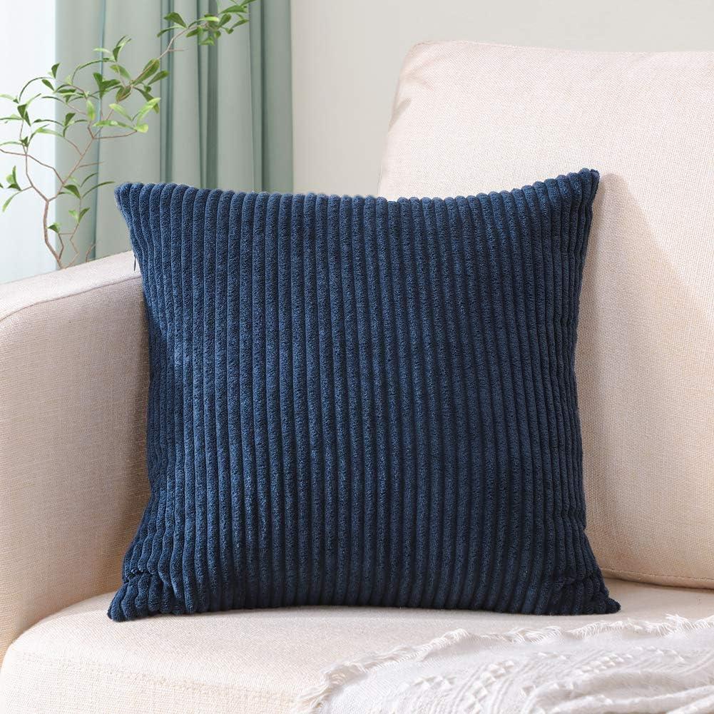 Artscope Cozy Striped Corduroy Pillow Covers Super Soft Decorative Square Throw Pillow Covers Case Cushion Covers for Sofa Couch Bedroom Car Decor 16 x 16 Inches, Navy Blue