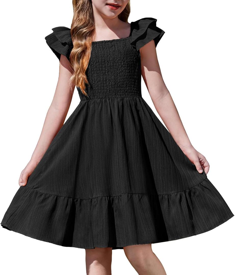 Arshiner Girls Black Dress Double Layer Ruffle Sleeve Off Shoulder Smocked Church Funeral Tween Dresses, Size 14-16