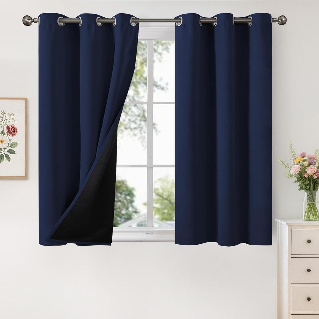 YoungsTex 100% Blackout Curtains 48 Inches Long for Bedroom, Thermal Insulated Drapes with Grommet Full Room Darkeningg with Black Liner for Bedroom, Navy Blue, 2 Panels, 42 X 48 Inch