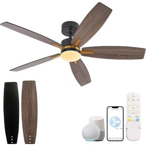 YJFAN 52'' Ceiling Fan with Light,DC Quiet &Reversible Motor with 6 Speeds Adjustable, Outdoor Ceiling Fan with Light, Large Airflow for Living Room,Bedroom